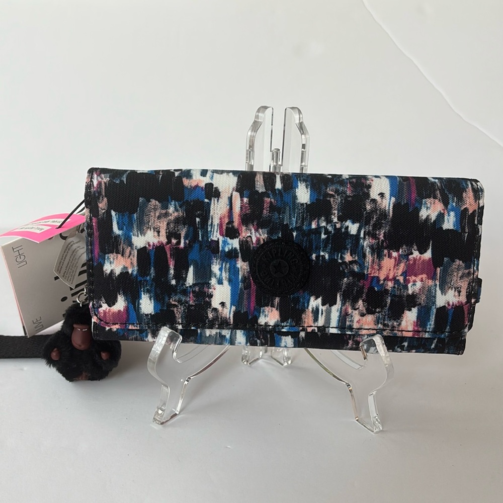 Kipling Artistic Blue and Pink Lowie printed wristlet Wallet w/ monkey keychain